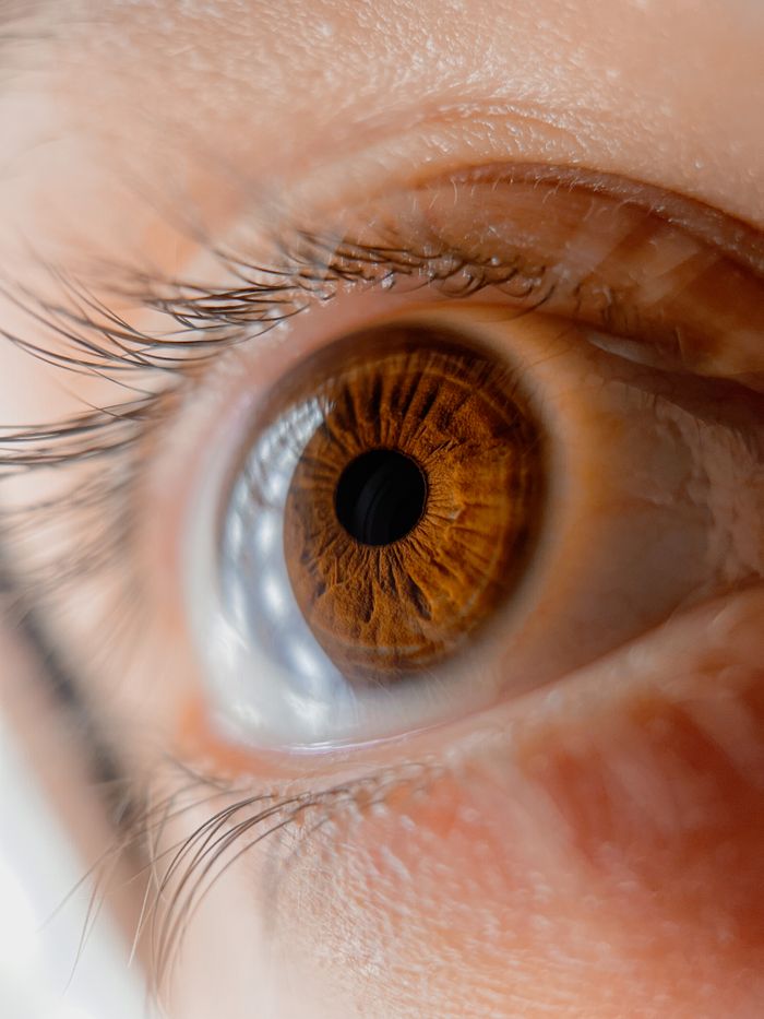 Macro photograph capturing the intricate details of a human eye's iris.